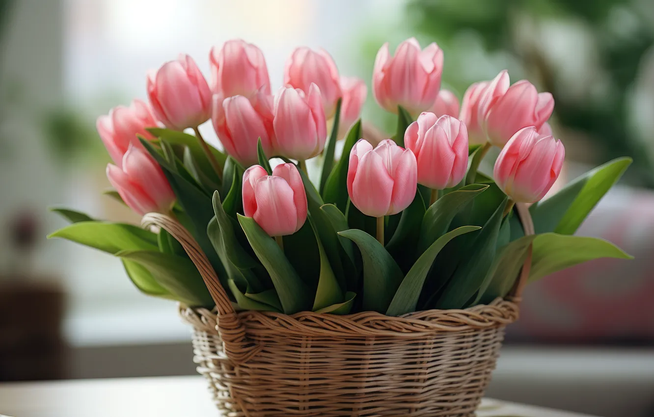 Фото обои листья, цветы, стол, букет, весна, тюльпаны, розовые, корзинка