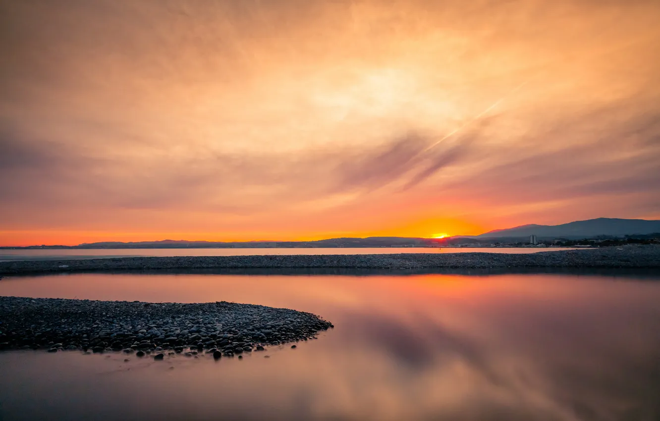 Фото обои восход, утро, залив, штиль