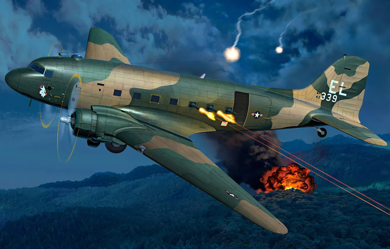 Фото обои war, art, airplane, painting, AC-47D Gunship