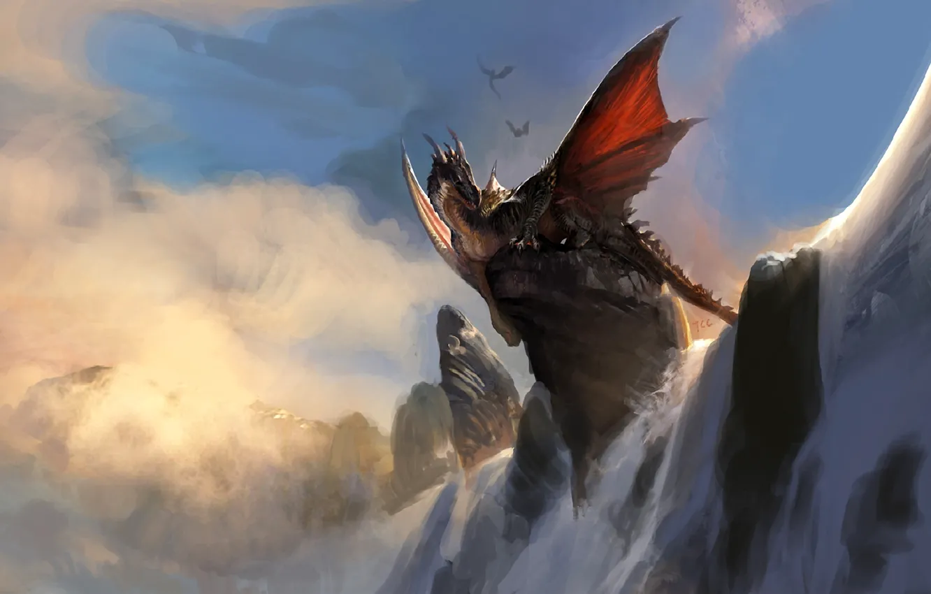 Фото обои скала, дракон, водопад, арт, сидя