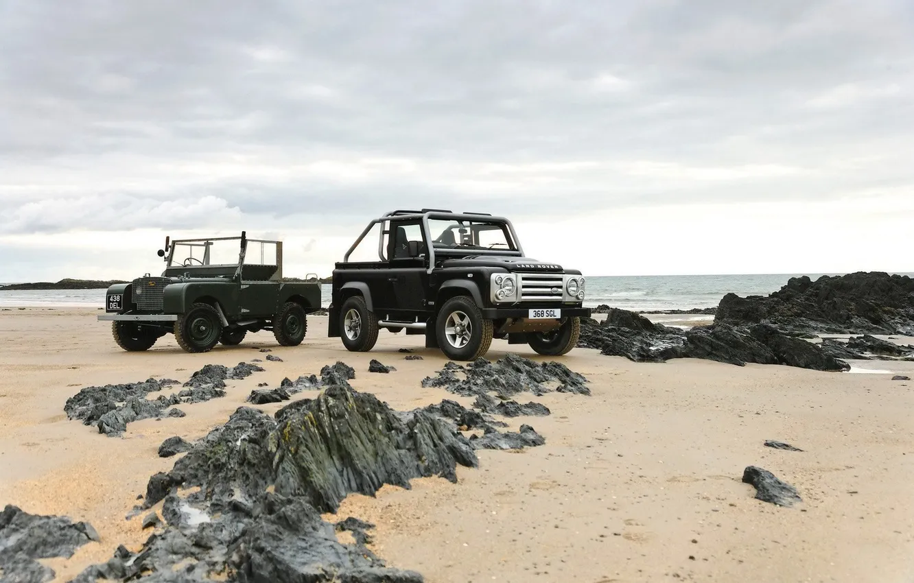 Фото обои машина, пляж, автомобиль, rover, land, defender, svx
