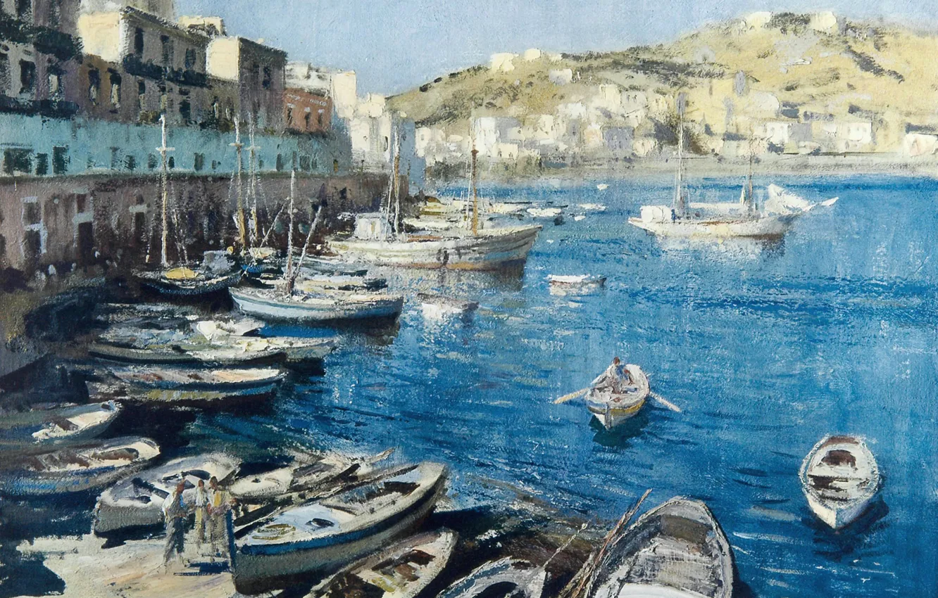 Фото обои дома, картина, лодки, набережная, городской пейзаж, Эдуард Сиго, Средиземноморский Порт