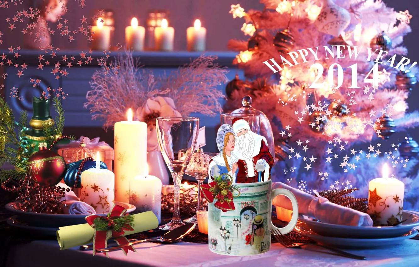 Фото обои стол, париж, кружка, снегурочка, дед мороз, 2014, Gift And Home, новым годом