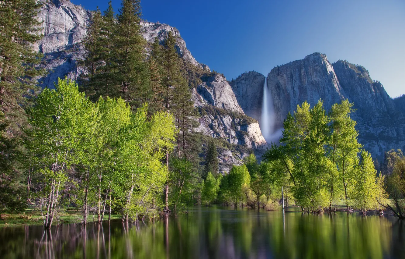 Фото обои пейзаж, горы, озеро, водопад, красота
