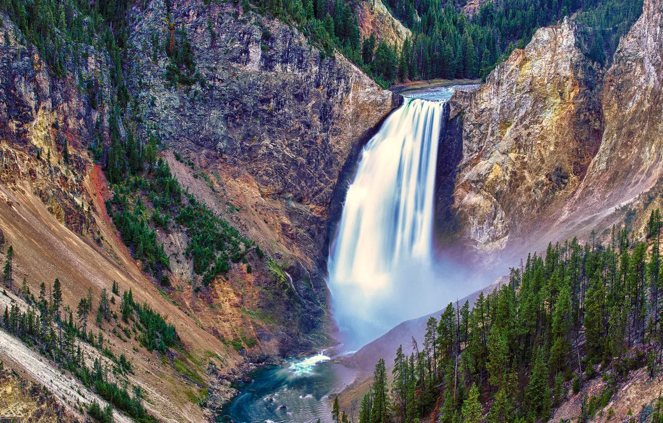 Фото обои деревья, горы, водопад, поток, Yellowstone National Park, Lower Falls