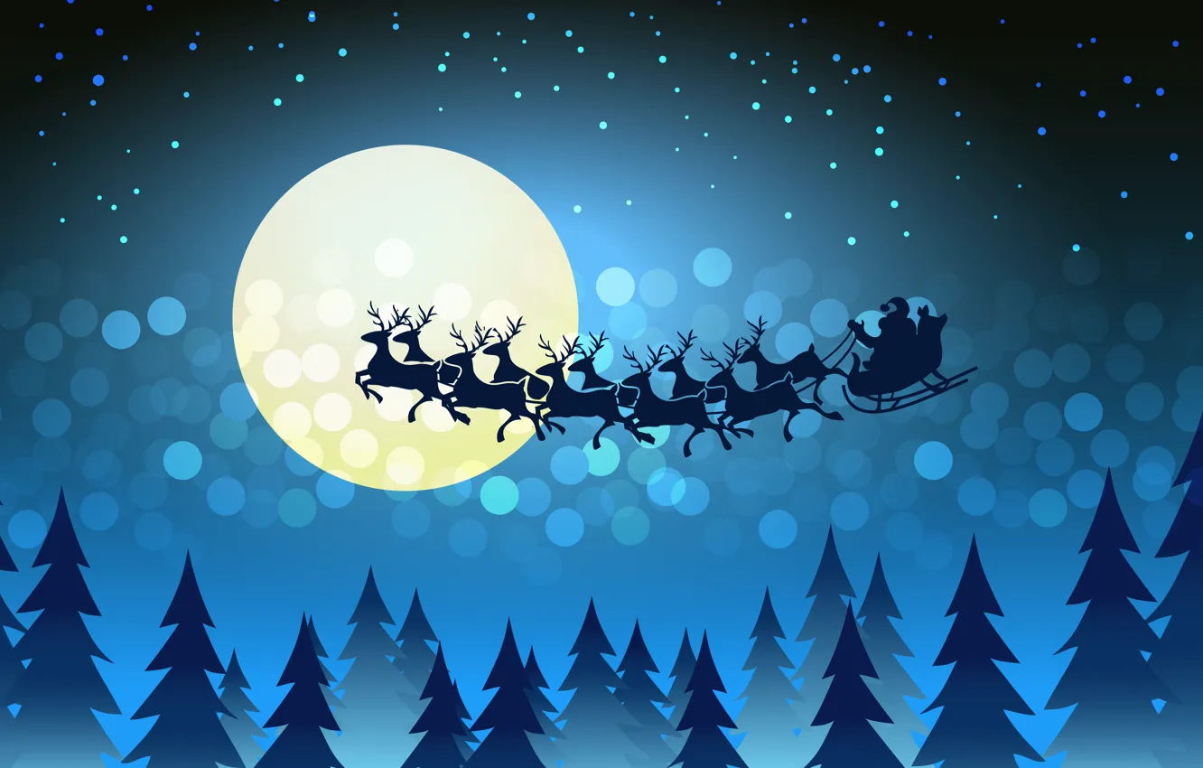 Фото обои Зима, Ночь, Луна, Рождество, Новый год, Санта Клаус, Олени, Сани