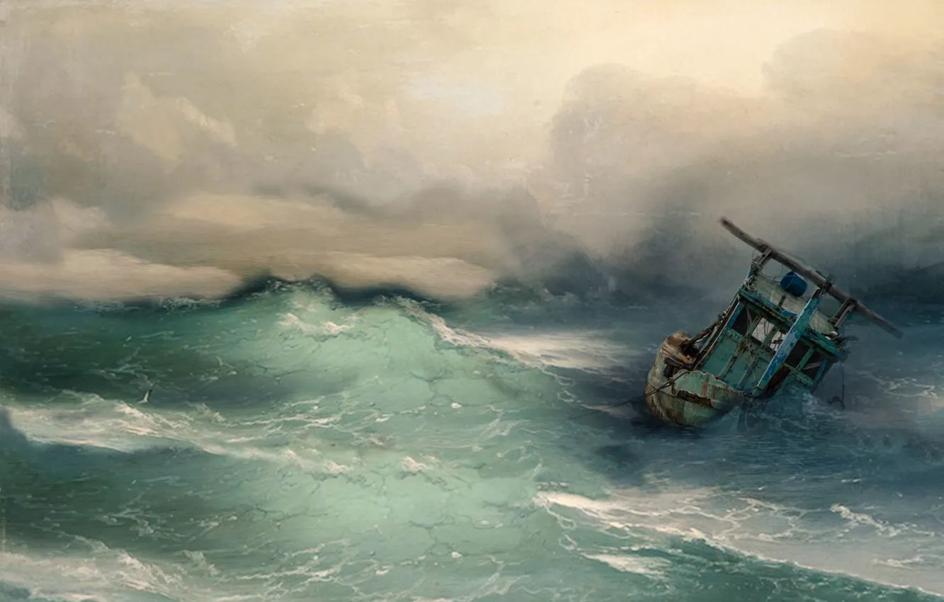 Фото обои море, волны, шторм, корабль, бедствие