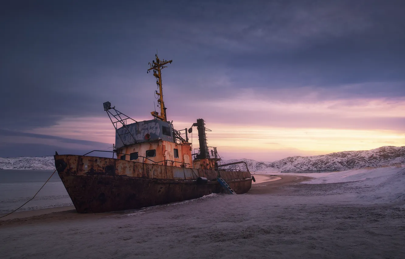 Фото обои рассвет, корабль, утро, Кольский полуостров, Териберка, Анна Политова