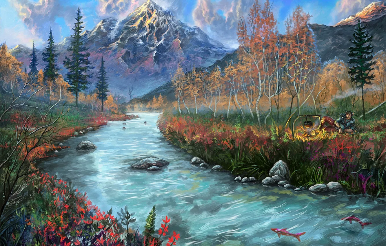 Фото обои рыбы, горы, река, камни, человек, арт, костёр, нарисованный пейзаж