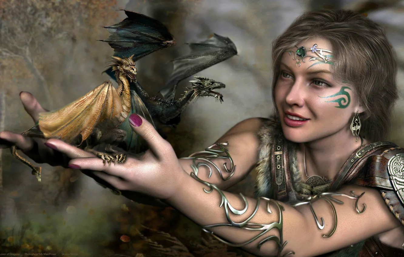 Фото обои девушка, украшения, металл, узор, драконы, серьги, руки, тату