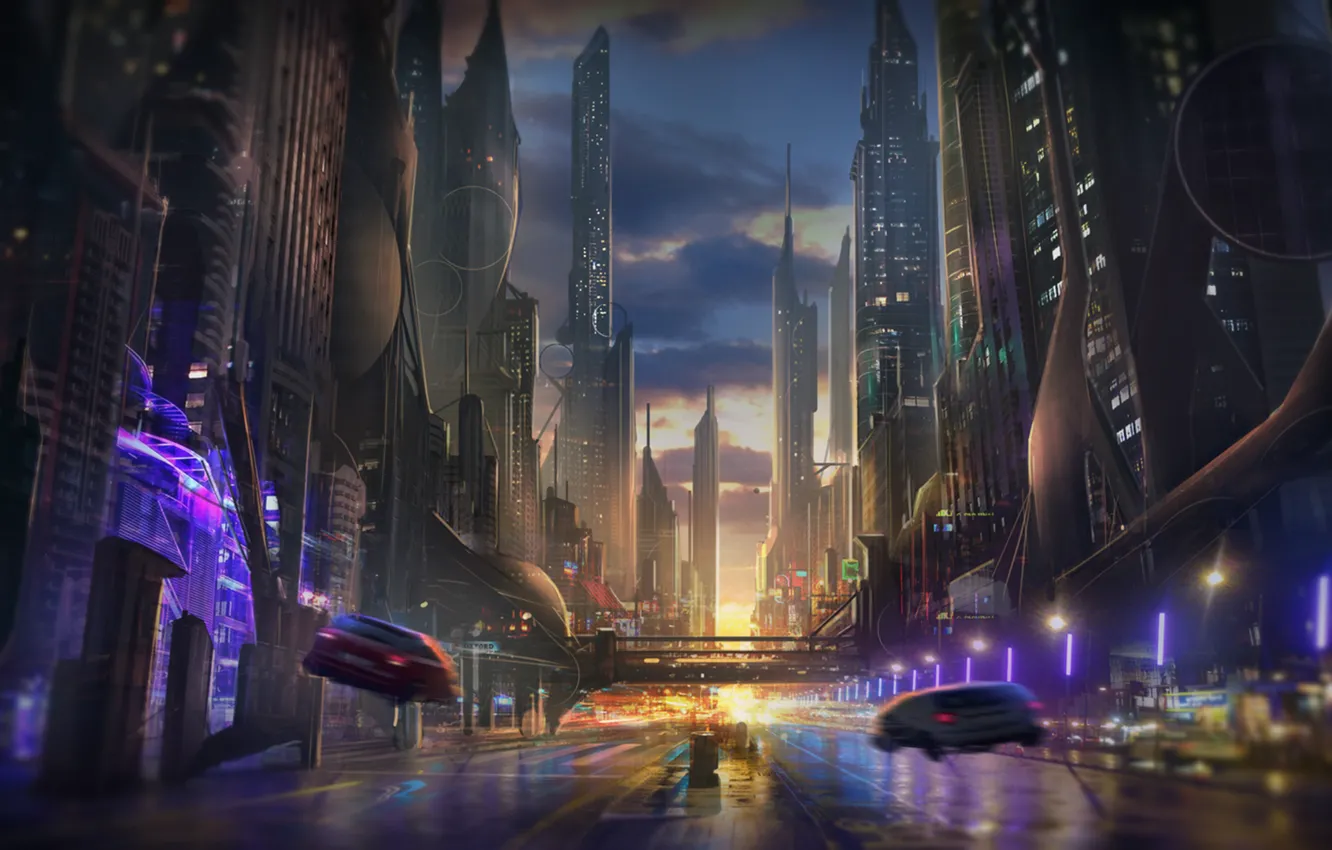 Фото обои дорога, закат, машины, город, будущее, фантастика, небоскребы, вечер