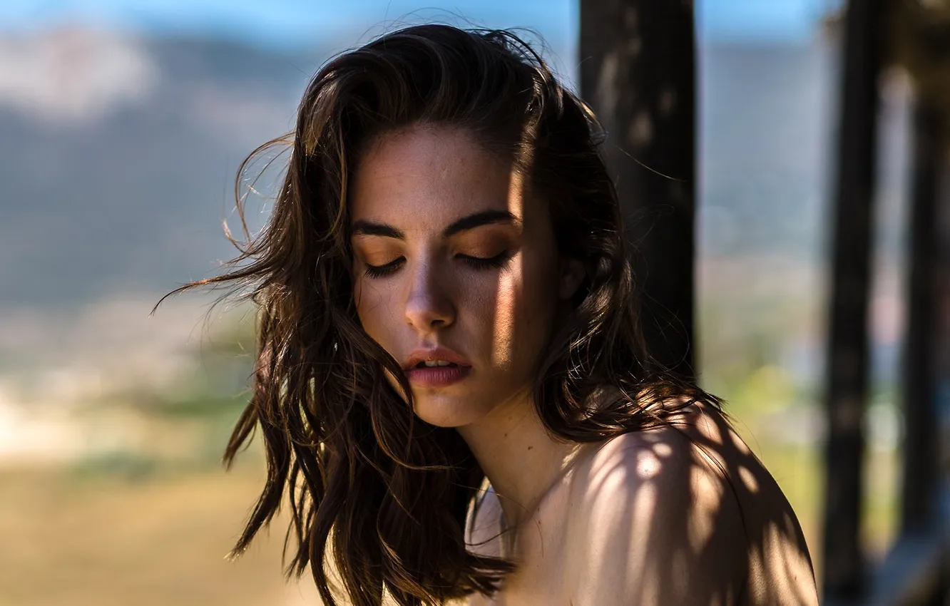 Фото обои girl, photo, model, brunette, portrait, closed eyes, bare shoulders, Rebecca Bagnol