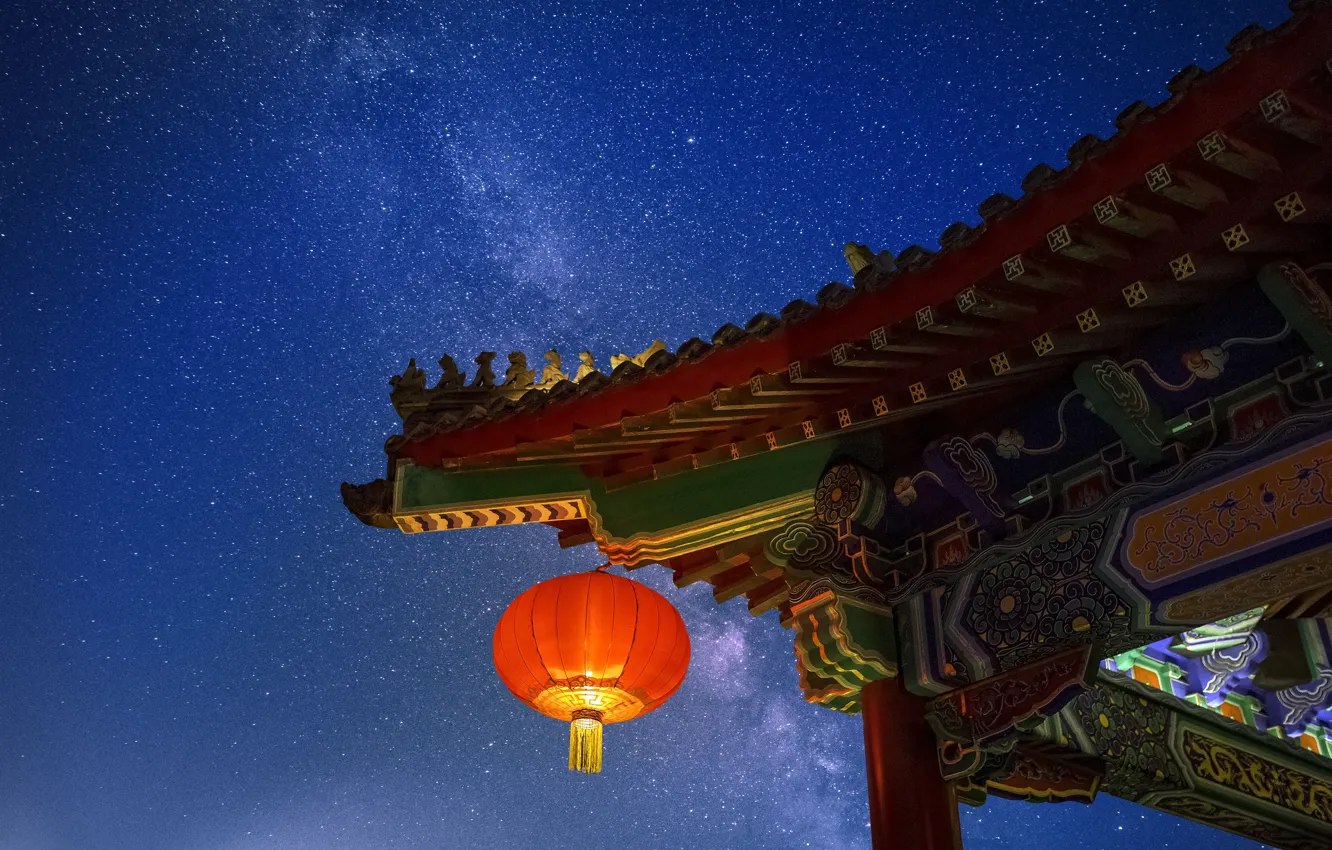 Фото обои Здания, Buildings, Звездное небо, Запретный город, Forbidden City, Starry, Red lanterns, Красные фонари