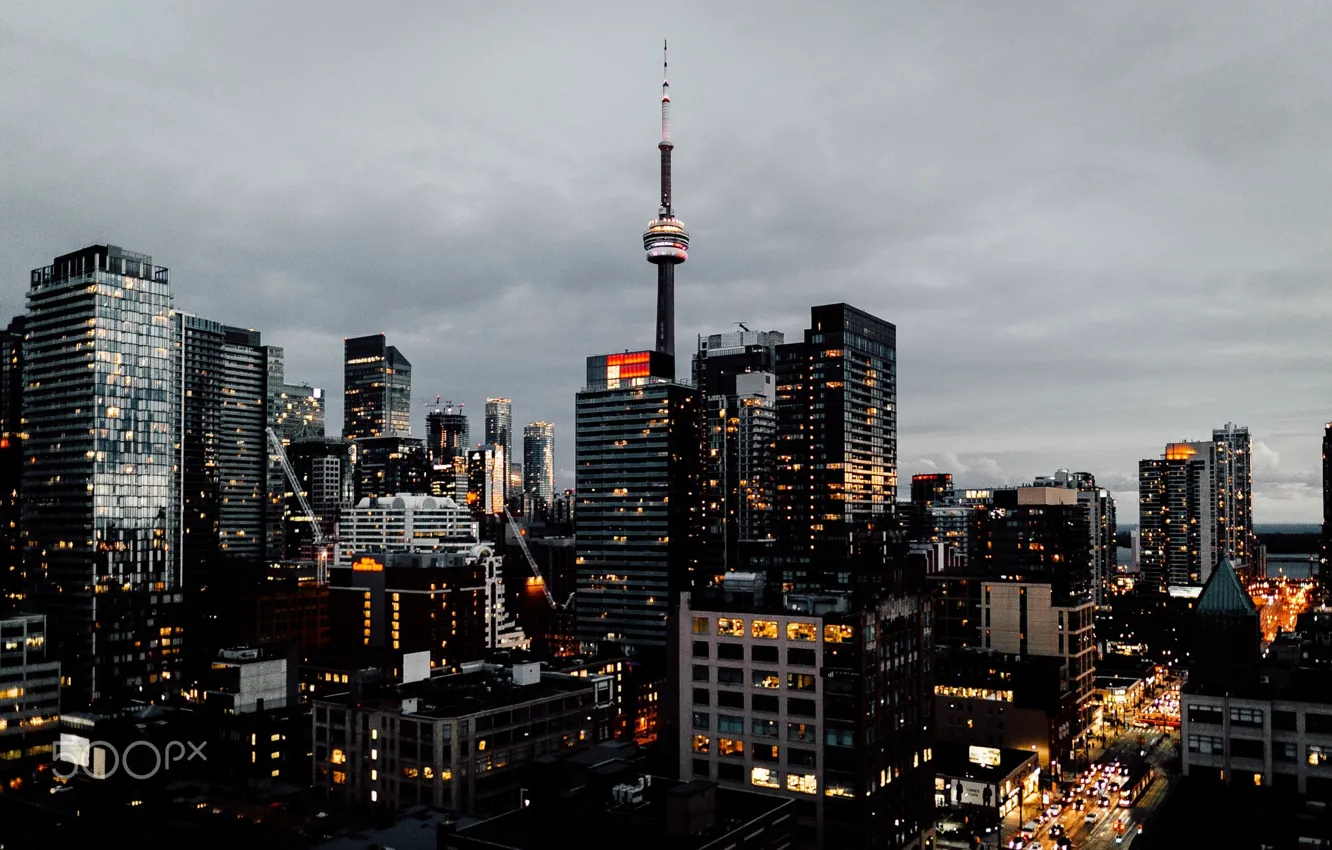 Фото обои город, огни, вечер, Канада, Торонто