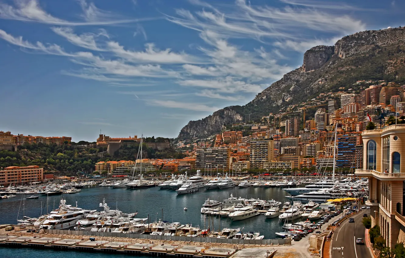 Фото обои небо, горы, дома, яхты, лодки, гавань, Монако, Монте-Карло