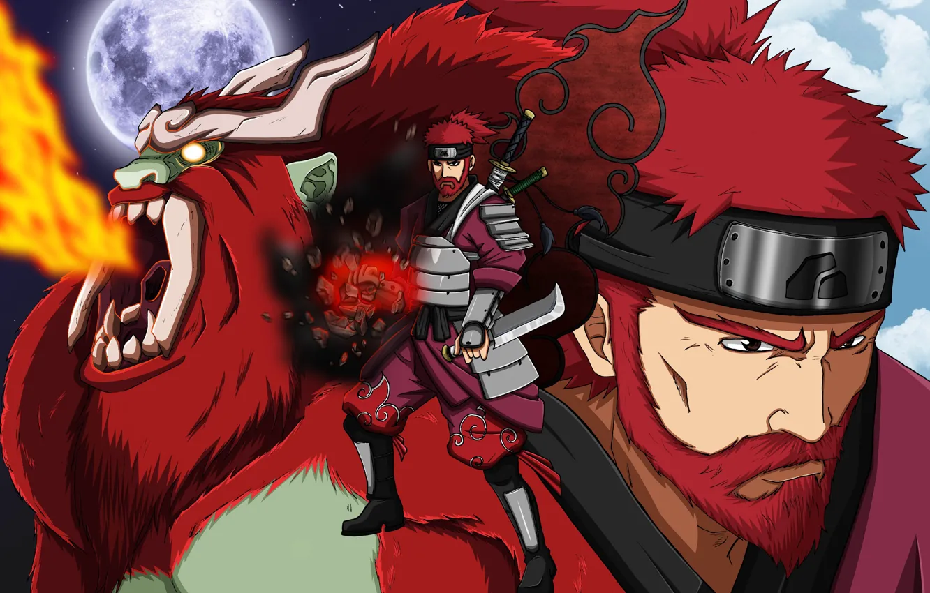 Фото обои red, moon, sword, armor, red hair, anime, ken, redhead