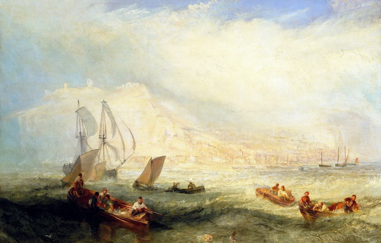 Фото обои море, волны, лодка, картина, парус, морской пейзаж, Уильям Тёрнер, Line Fishing
