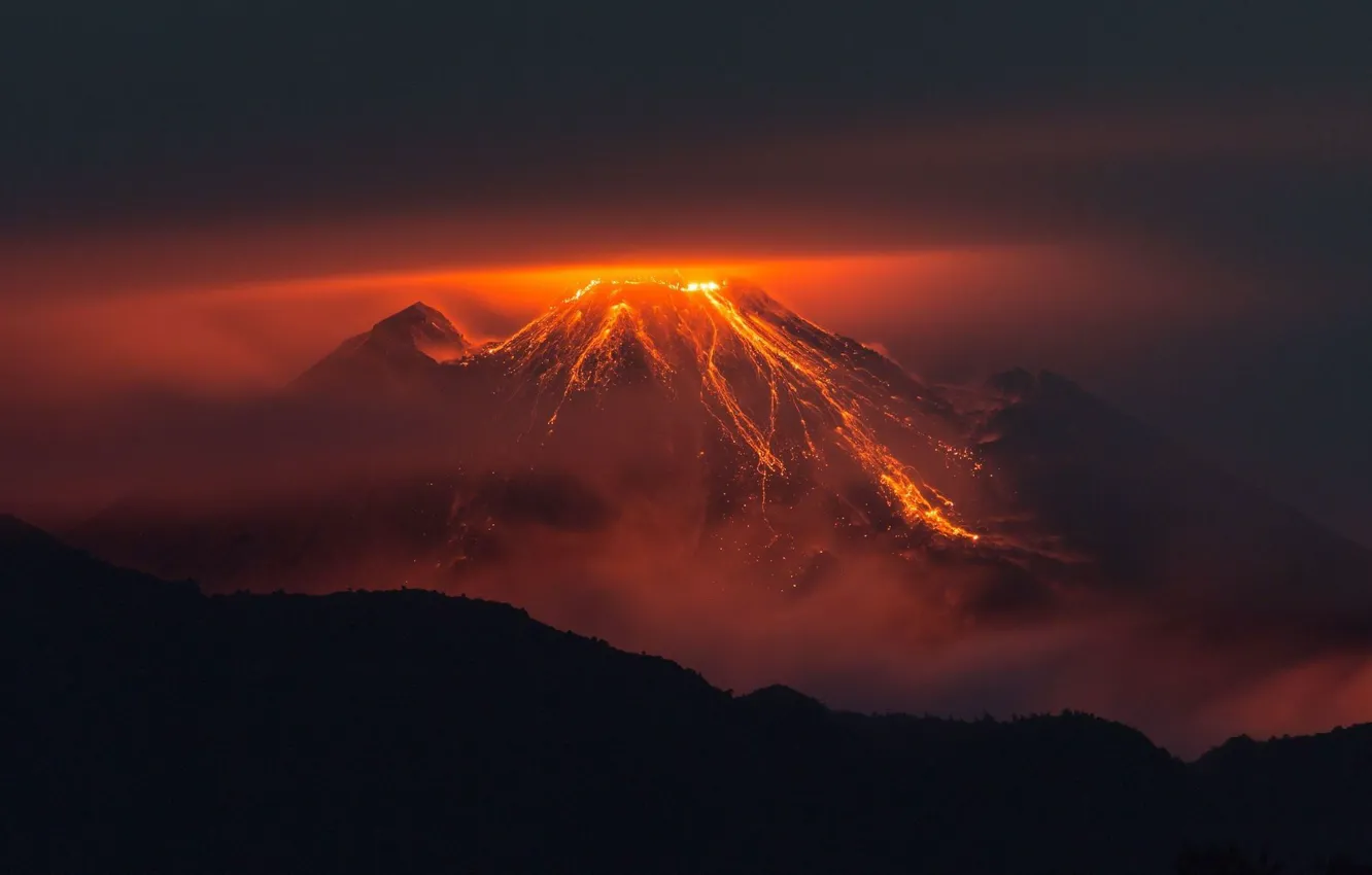 Фото обои fire, landscape, nature, night, lava, Volcano, eruption