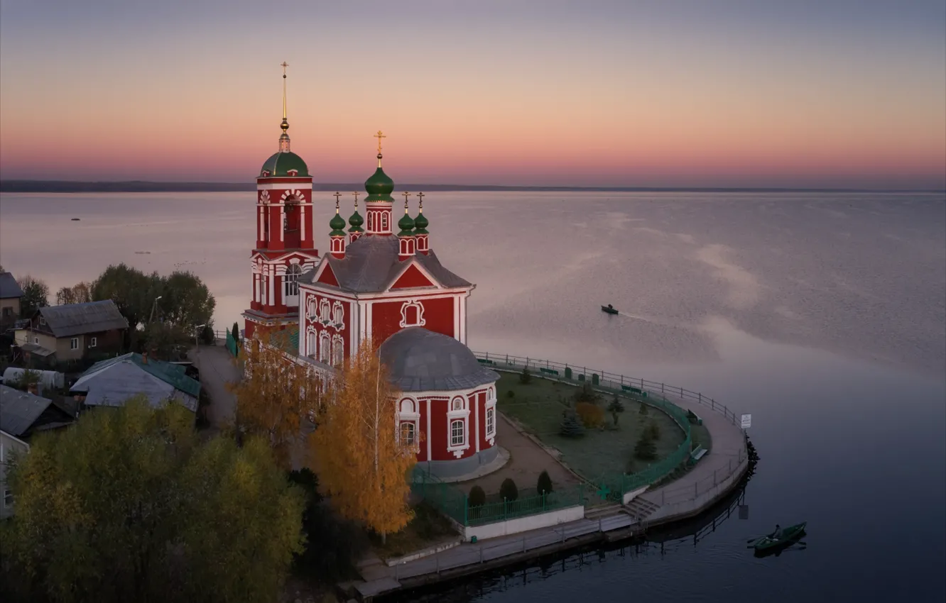 Фото обои пейзаж, природа, озеро, дома, лодки, утро, храм, Алексей Богорянов