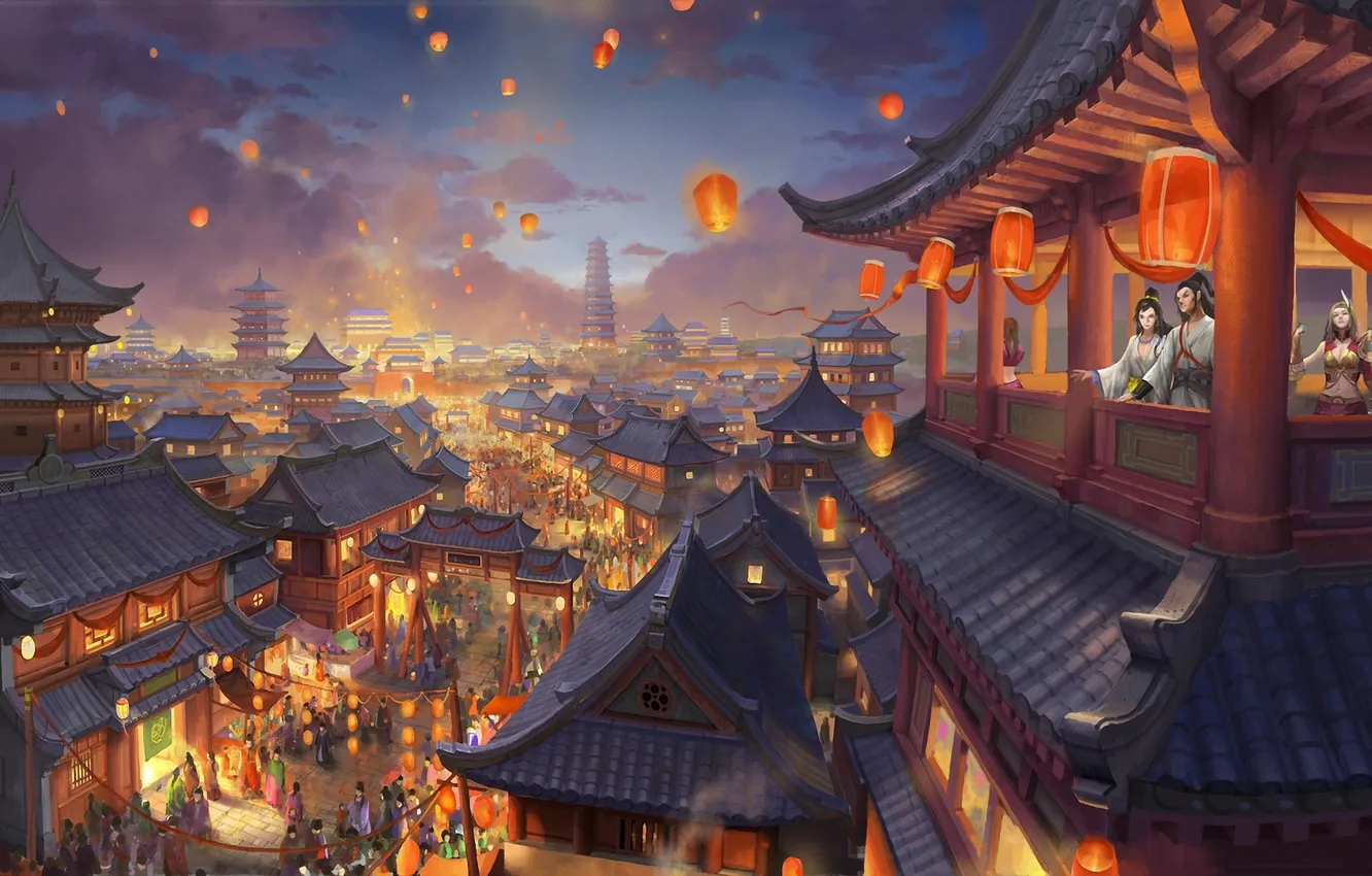 Фото обои ночь, город, огни, люди, праздник, азия, арт, небесные фонарики