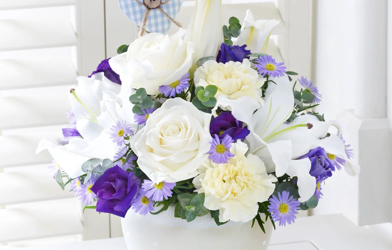 Фото обои Розы, Roses, Лилии, Эустома, Bouquets, Lilies