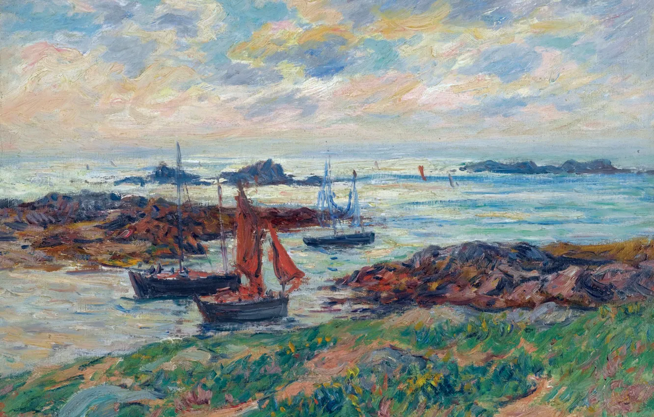 Фото обои берег, лодка, картина, парус, морской пейзаж, Finistere, Henri Moret, Glenan Islands