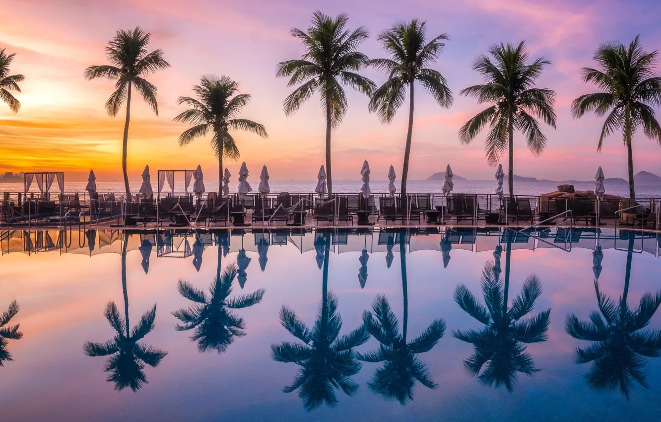 Фото обои закат, отражение, пальмы, океан, бассейн, Бразилия, Рио-де-Жанейро, Brasil
