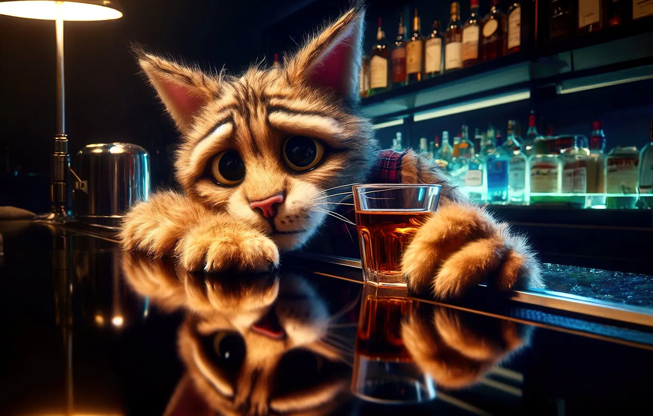 Фото обои грусть, кошка, кот, взгляд, морда, свет, стакан, отражение
