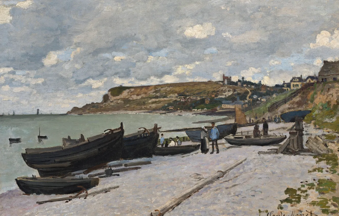 Фото обои пейзаж, картина, Клод Моне, Сент-Адресс. Рыбацкие Лодки на Берегу