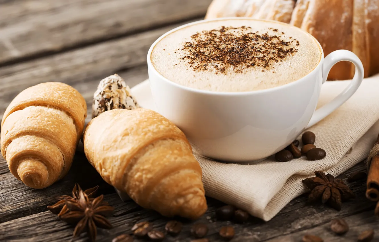 Фото обои кофе, зерна, круассан