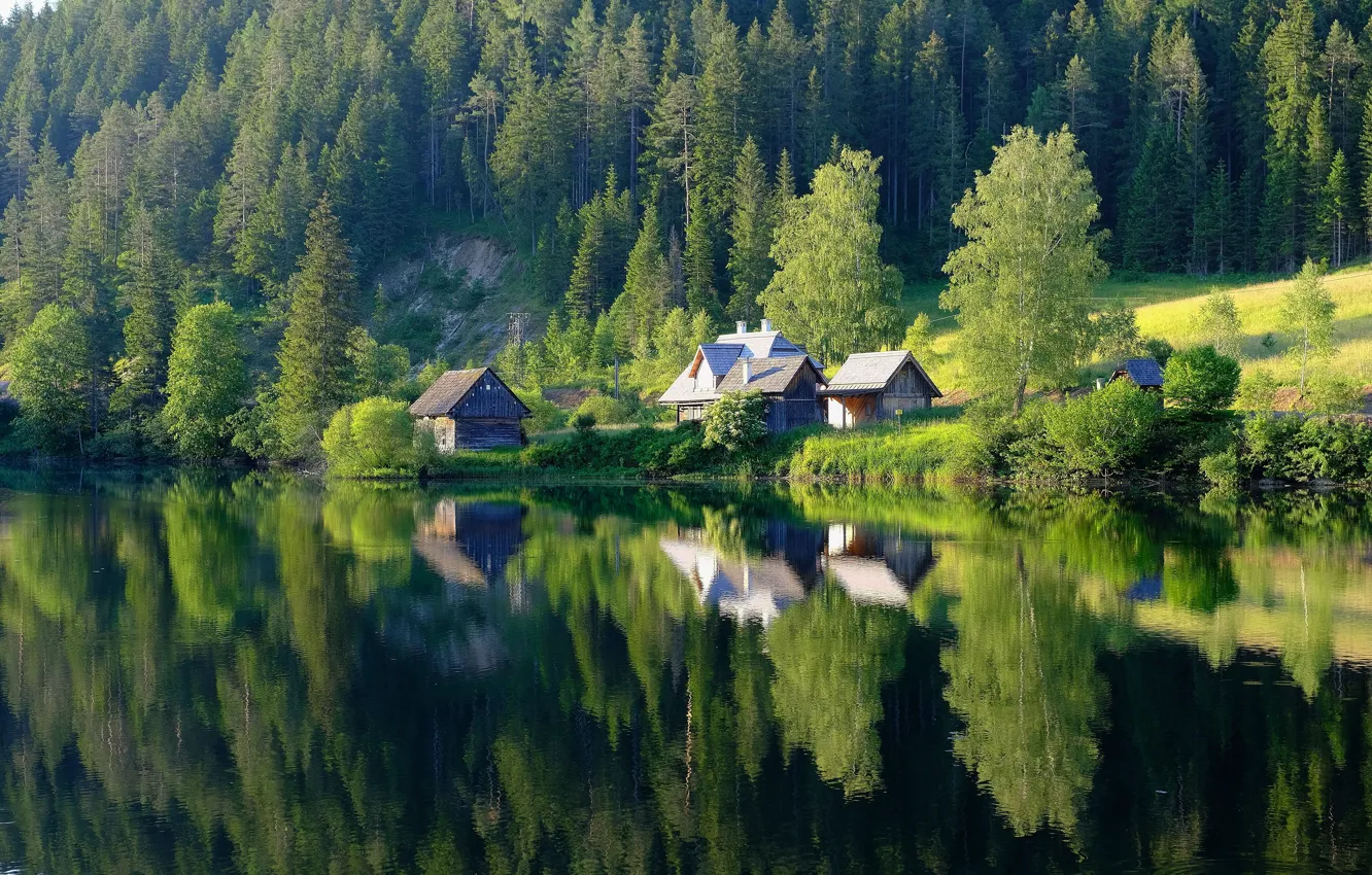 Фото обои отражение, дома, водоем, озеро, лес, домик