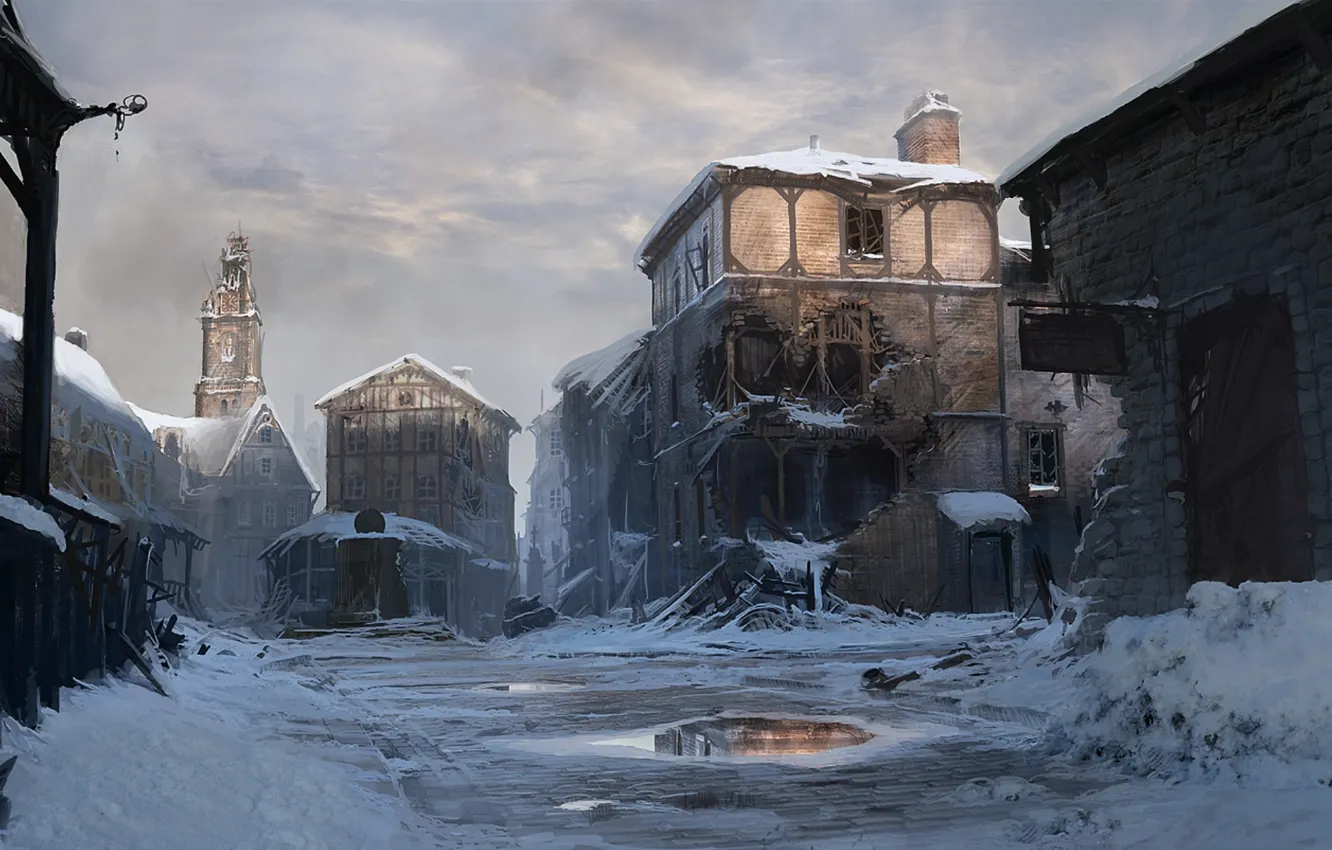 Фото обои зима, город, рисунок, арт, разруха