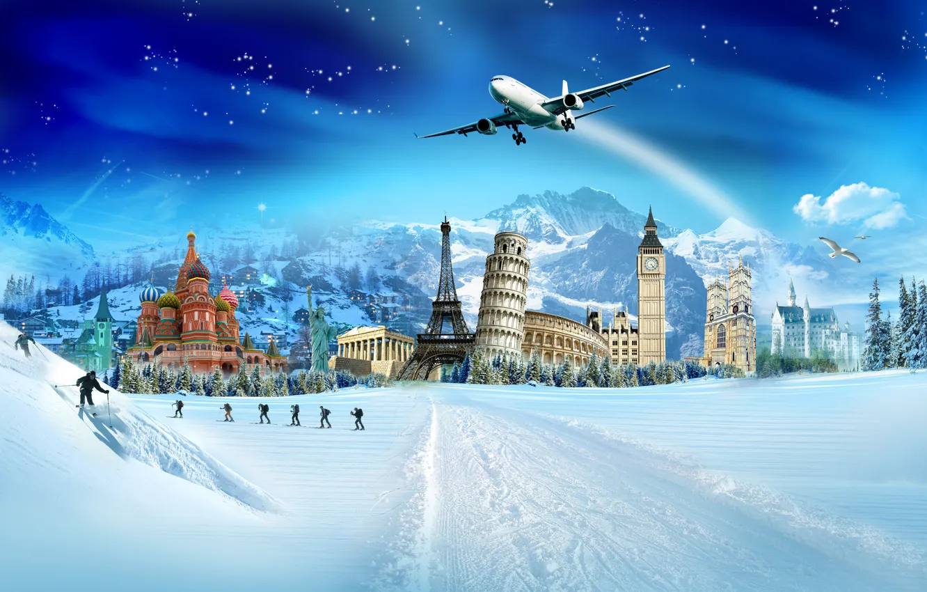 Фото обои зима, снег, птицы, эйфелева башня, кремль, лыжники, колизей, ёлки
