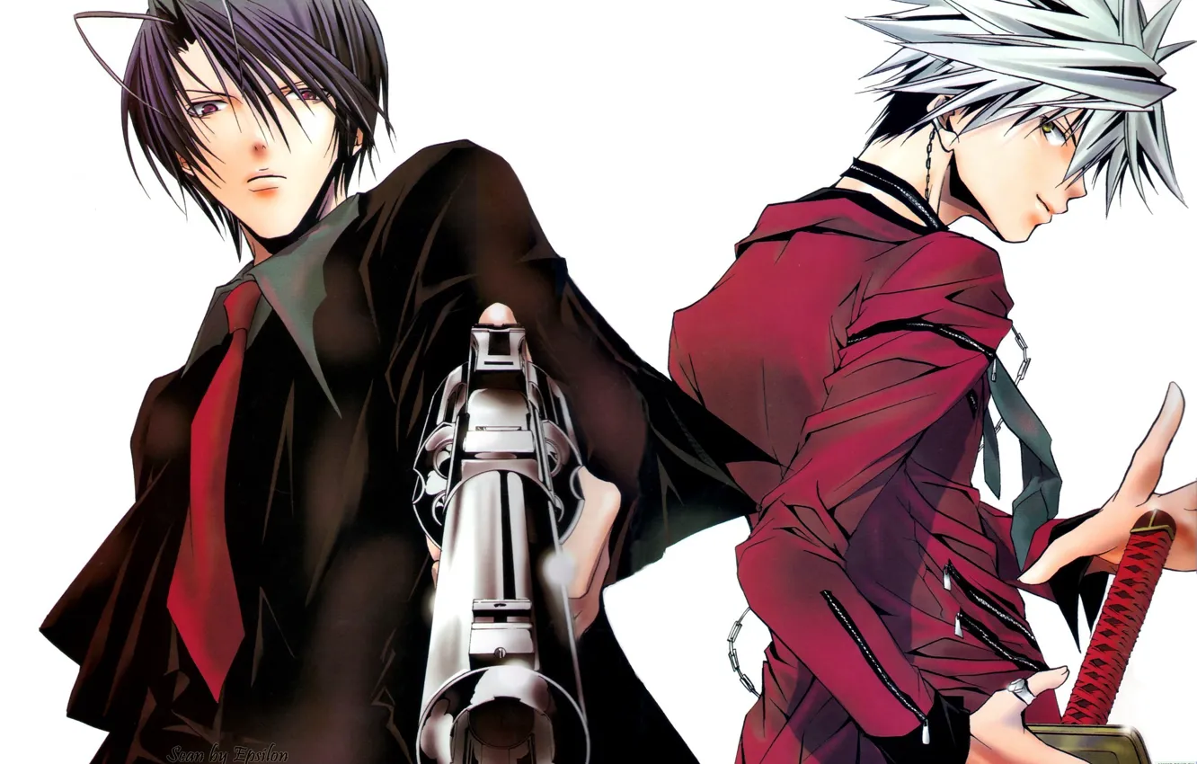 Фото обои оружие, зомби, галстук, белый фон, парни, Chika Akatsuki, Shito Tachibana, Zombie loan