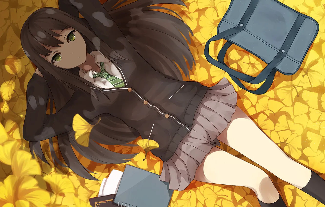 Фото обои осень, девушка, листва, лежит, сумка, anime, art, idolmaster