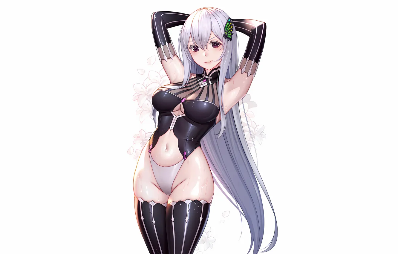 Фото обои girl, sexy, wet, cleavage, thighhighs, long hair, boobs, anime