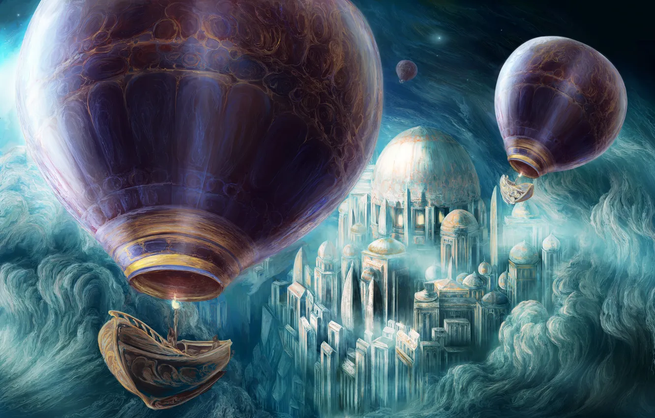 Фото обои небо, город, воздушные шары, корабли, арт