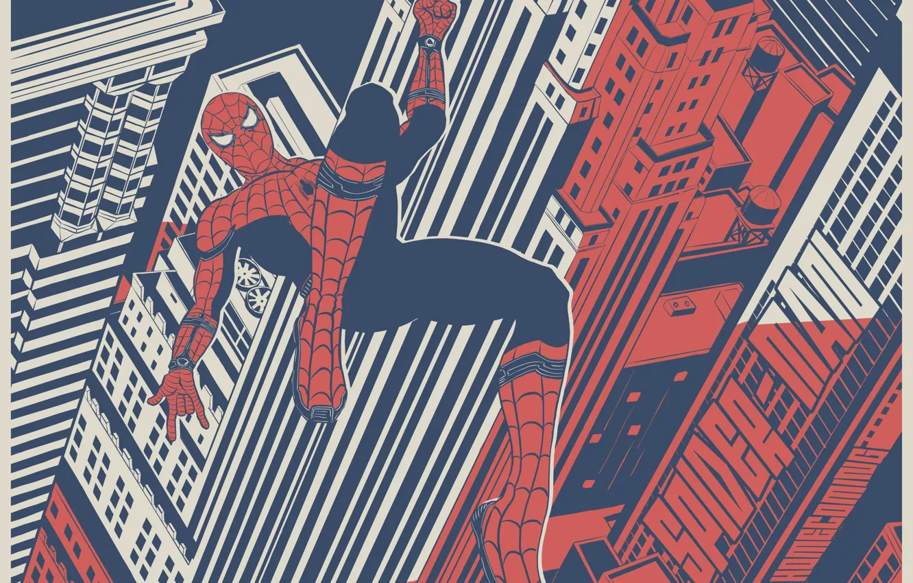 Фото обои spider-man, здания, небоскреб, паутина, герой, супергерой, marvel, комикс