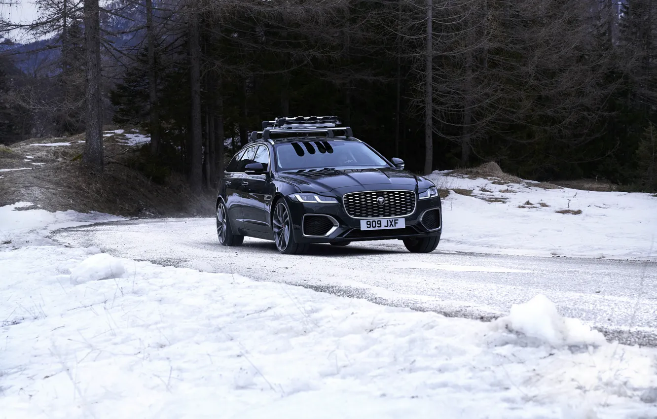 Фото обои дорога, лес, снег, деревья, Jaguar, универсал, Jaguar XF, 2020