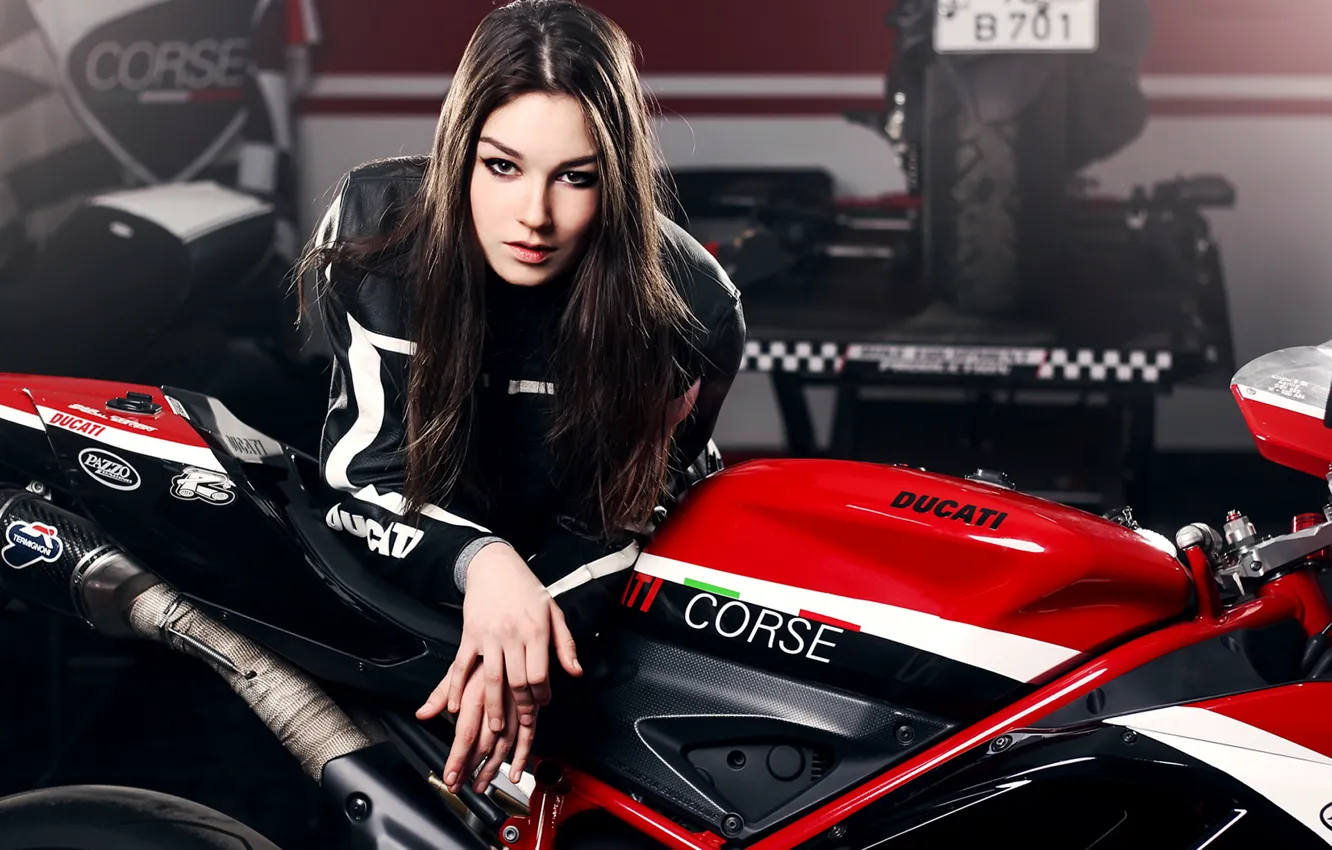 Фото обои Girl, Red, Ducati, Beauty, Face, Lips, Hair, Motocycle