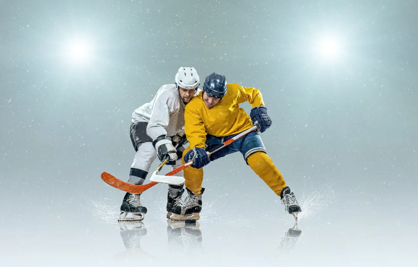 Фото обои снег, снежинки, фон, спорт, игра, лёд, перчатки, хоккей