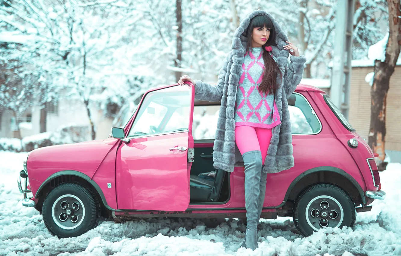 Фото обои зима, модель, гламур, автомобиль