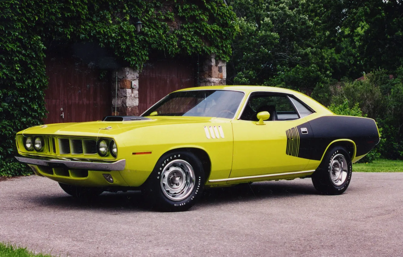 Фото обои жёлтый, ворота, ограждение, 1971, вид сбоку, чёрно, muscle car, Plymouth