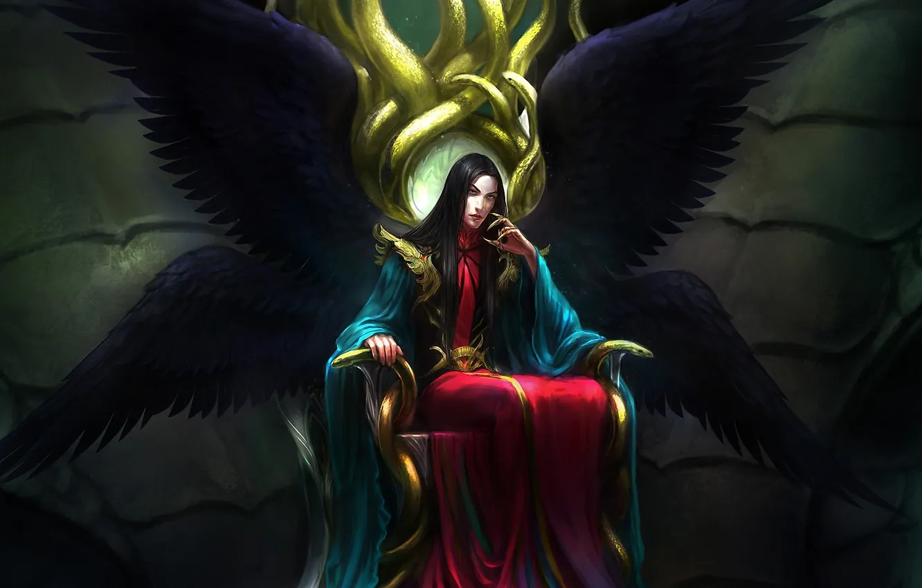 Фото обои змеи, крылья, фэнтези, арт, парень, трон, сидя