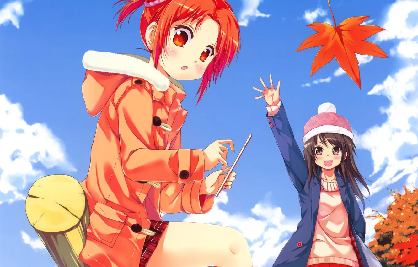 Фото обои осень, небо, листья, облака, девушки, шапка, аниме, арт