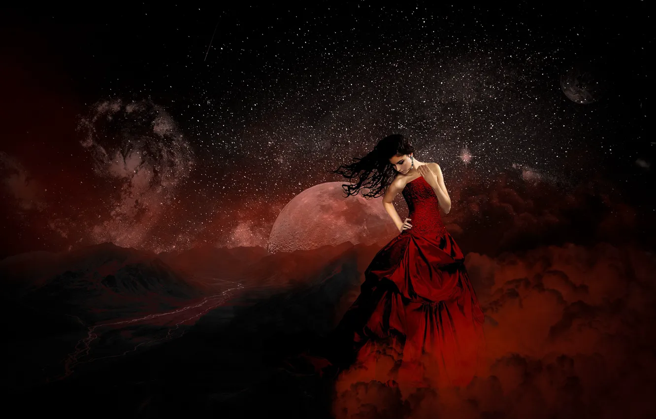 Фото обои девушка, космос, звезды, облака, свет, горы, ночь, темный фон