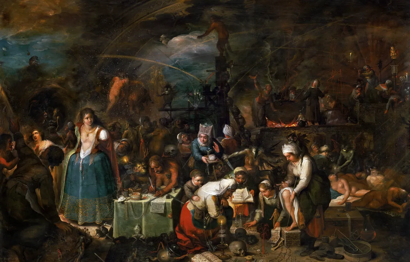Фото обои свечи, черти, черепа, ключи, жабы, ведьмы, шабаш, заклинания