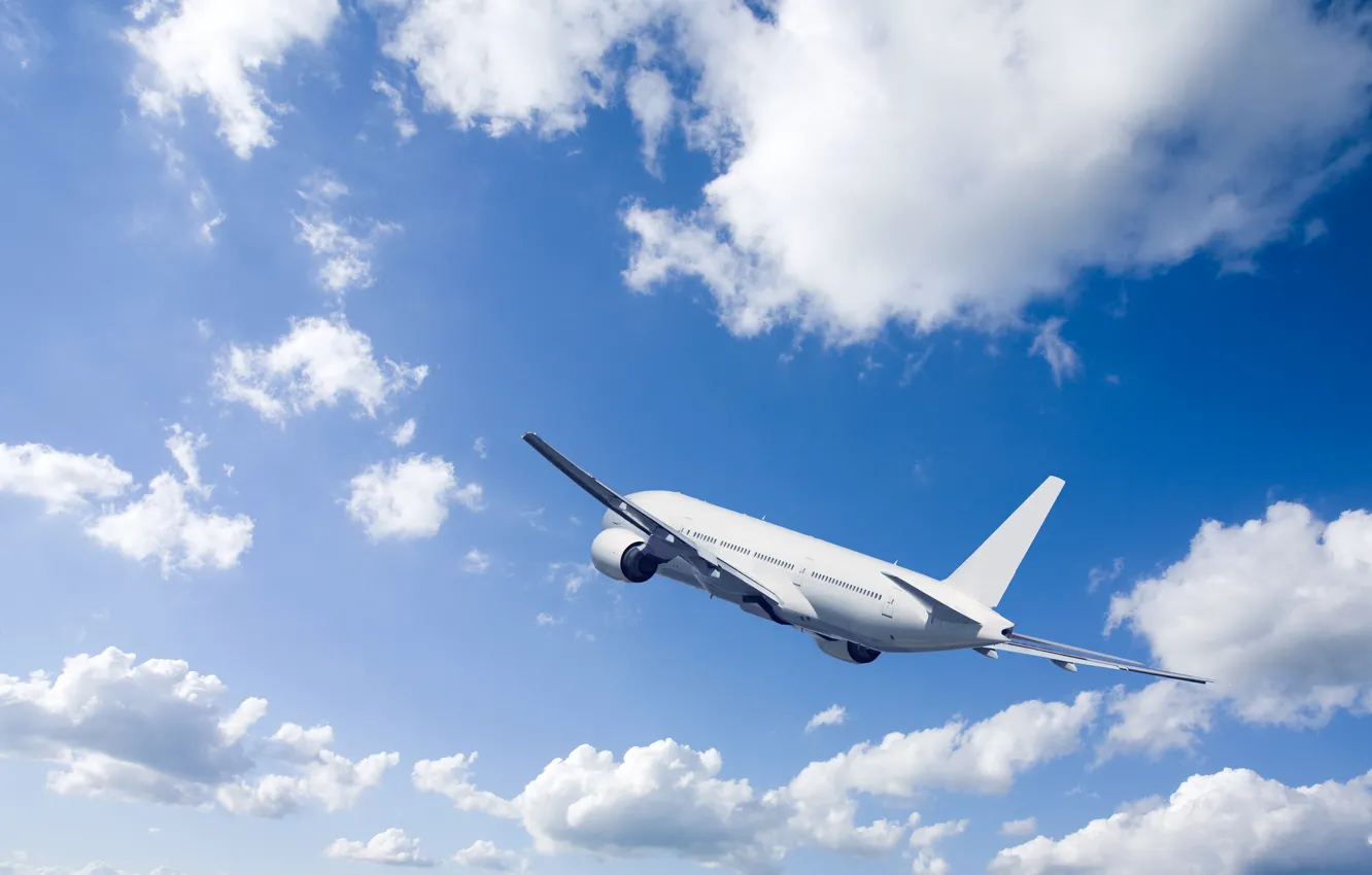 Фото обои небо, облака, полет, самолет, голубое, взлет, в воздухе, пассажирский