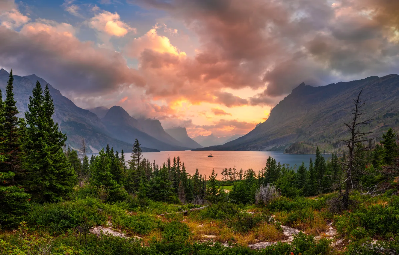 Фото обои горы, озеро, США, Glacier National Park
