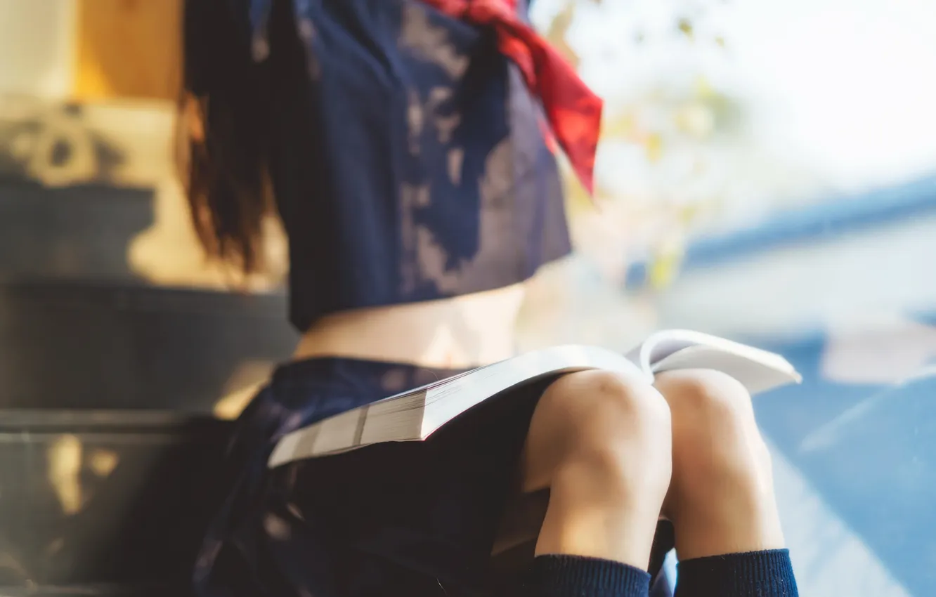 Фото обои Asian, Model, Woman, Reading, Book, Uniform, Stairs, Steps